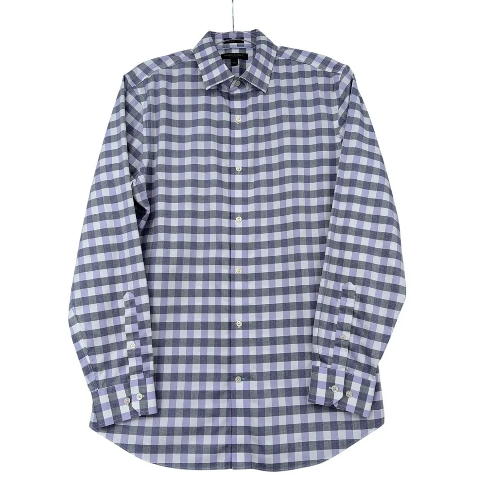 Banana Republic Mens Grant Fit Gingham Non-Iron Cotton Shirt Purple Grey Large